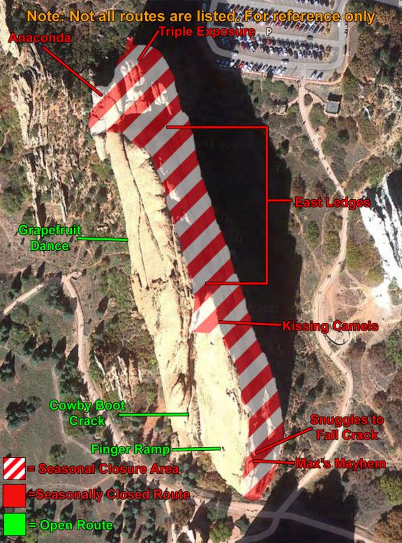 Photo of the top of North Gateway Rock taken from a satellite.  Showing details of seasonal rock climbing closures to protect nesting wildlife.  Specific rock climbing route names are listed to aid closure location.  The rock climbing closure includes the top, east, south, and north faces of North Gateway Rock.  The area known as the Tower of Babel is also closed. 