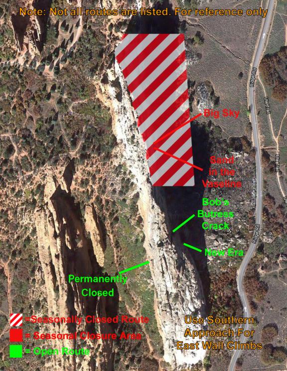 Photo of the top of Gray Rock (AKA Kindergarten Rock) taken from a satellite.  Showing details of seasonal rock climbing closures to protect nesting wildlife.  Specific rock climbing route names are listed to aid closure location.  The rock climbing closure includes the north-east face of Gray Rock.
