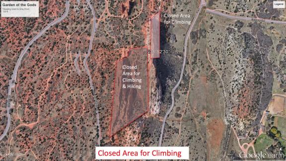 Photo of the top of Gray Rock (AKA Kindergarten Rock) taken from a satellite.  The top of Sleeping Giant is also shown.  Showing details of a permanent rock climbing and hiking closure area.  The image also shows the current seasonal rock climbing closure for the north-east face of Gray Rock.
