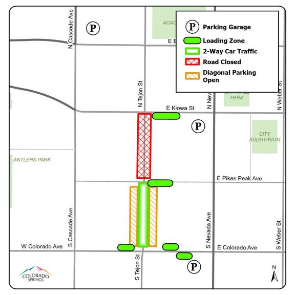 Detour and closure map for the second block on Tejon Street. Tejon between E. Kiowa and E. Pikes Peak is will be closed, while diagonal parking is now available on the first block of Tejon between E. Colorado Ave. and E. Pikes Peak. Ave.