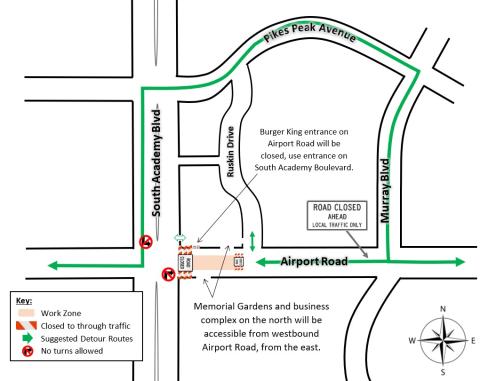 A detour map showing the intersection of South Academy Boulevard and Airport Road. All information provided on webpage.