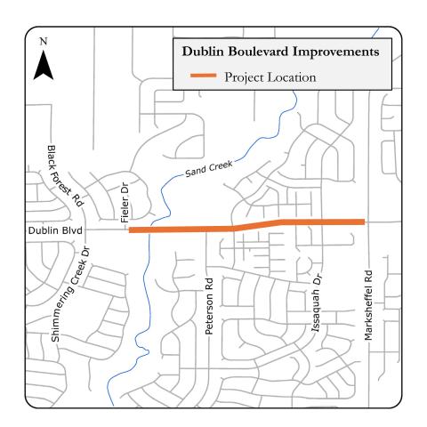 Project location map for Dublin Boulevard Improvements project. A stretch of Dublin Blvd. between Shimmering Creek Dr./Black Forest Road and Marksheffel Road