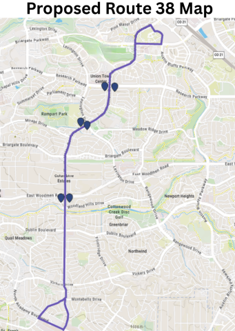 Map of the proposed changes to Mountain Metro's Route 38. Read the text above this map for detailed changes.