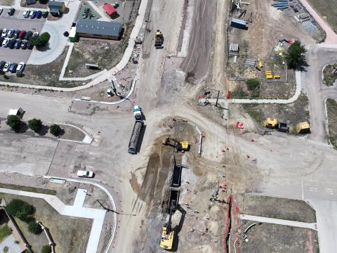 Aerial view of construction happening on the Dublin Boulevard Improvements Project.
