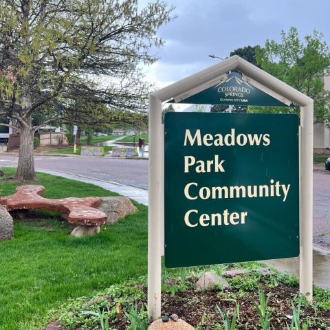 The sign in front of Meadows Park Community Center.