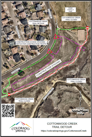 A map that details the detour route on Cottonwood Creek Trail during phase 2 of the Cottonwood Creek Trail Drainage Project.