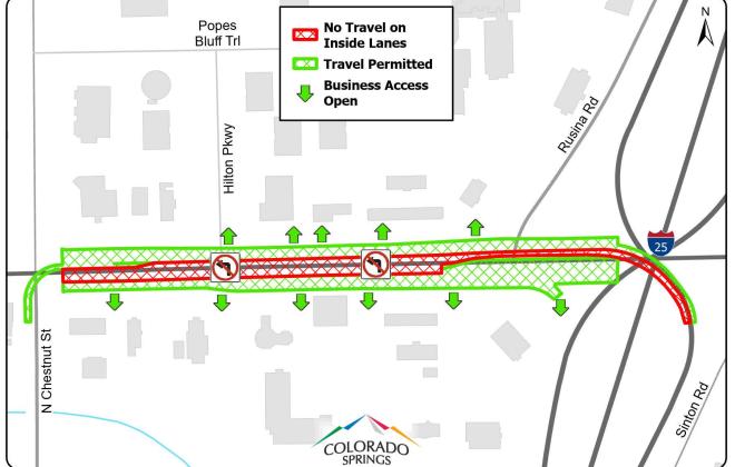 Map of the Garden of the Gods Intersection Improvements project detailing adjusted traffic for the duration of the project. No travel is permitted on the inside lanes of Garden of the Gods Road between Interstate 25 and N. Chestnut St.