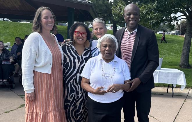 In order from left to right: Kelly Bull of Hey Neighbor, Kimberly Gold, Nancy Henjum, June Waller and Mayor Yemi Mobolade