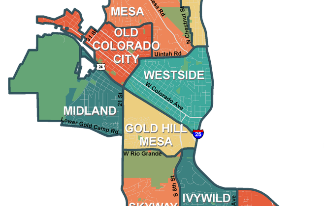 Westside plan 3a area broken up into nine areas including Mesa Springs, Mesa, Old Colorado City, Westside, Midland, Gold Hill Mesa, Skyway, Ivywild, Stratton Meadows